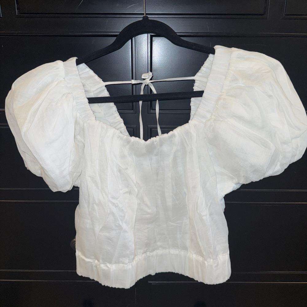 Frame Ruched‎ Crop Puff Sleeve Blouse in Blanc Size X Large NWT